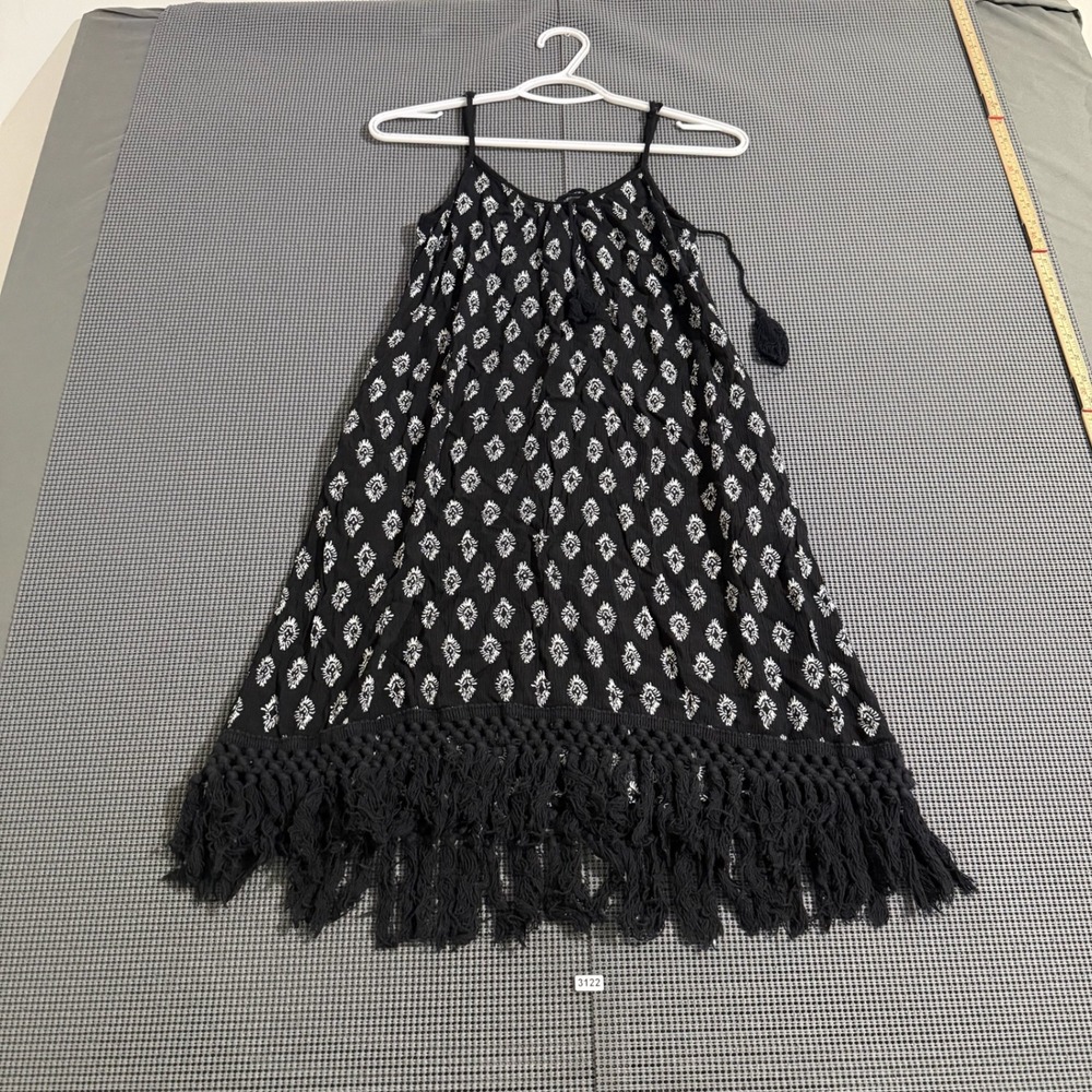 Xhilaration Womens Medium Black White Diamond Print Fringe Tassel Dress Boho